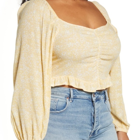 (A5) BP. Yellow Retro Meadow Floral Print Sweetheart Neck Crop Top, Size 1X, NWT - Picture 3 of 7